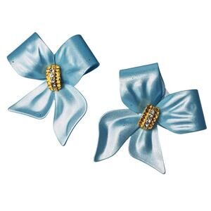 VTG Enamel Bow Earrings Aqua Blue Gold Tone Rhinestone Post Dore Style 80s-90s